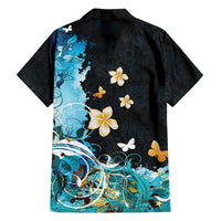 Blue Grunge Polynesian Pattern Family Matching Off Shoulder Short Dress and Hawaiian Shirt Plumeria Floral