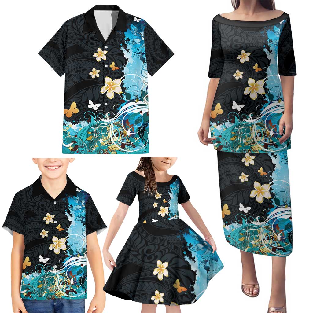 Blue Grunge Polynesian Pattern Family Matching Puletasi and Hawaiian Shirt Plumeria Floral