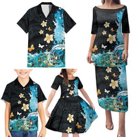 Blue Grunge Polynesian Pattern Family Matching Puletasi and Hawaiian Shirt Plumeria Floral