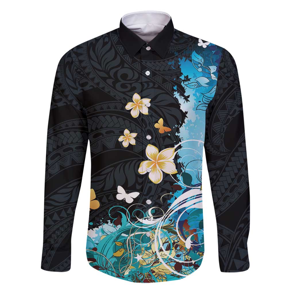 Blue Grunge Polynesian Pattern Family Matching Puletasi and Hawaiian Shirt Plumeria Floral