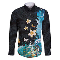 Blue Grunge Polynesian Pattern Family Matching Puletasi and Hawaiian Shirt Plumeria Floral