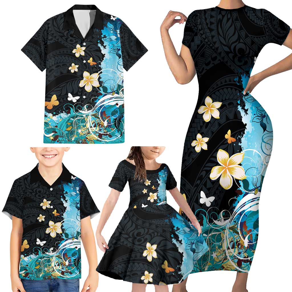 Blue Grunge Polynesian Pattern Family Matching Short Sleeve Bodycon Dress and Hawaiian Shirt Plumeria Floral