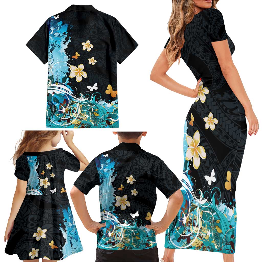 Blue Grunge Polynesian Pattern Family Matching Short Sleeve Bodycon Dress and Hawaiian Shirt Plumeria Floral