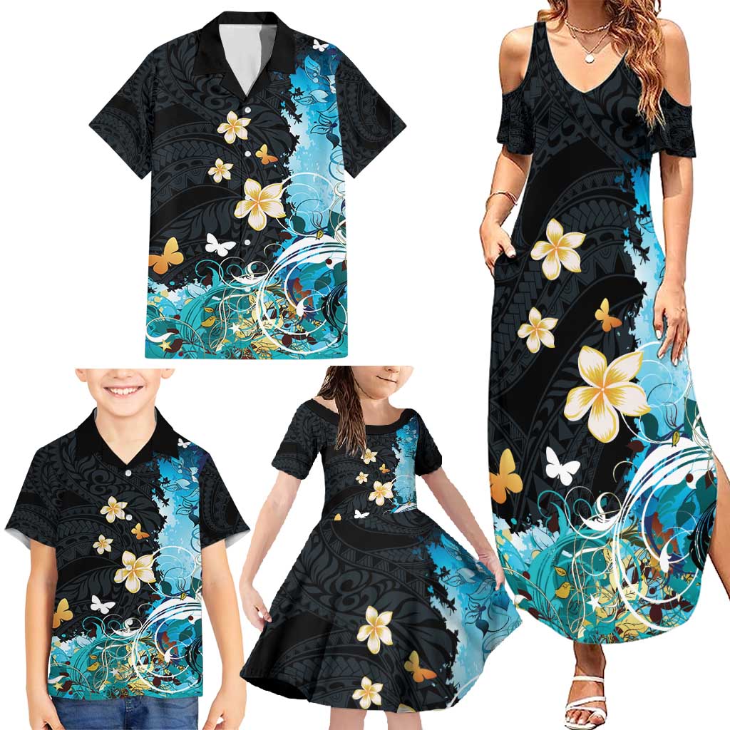 Blue Grunge Polynesian Pattern Family Matching Summer Maxi Dress and Hawaiian Shirt Plumeria Floral