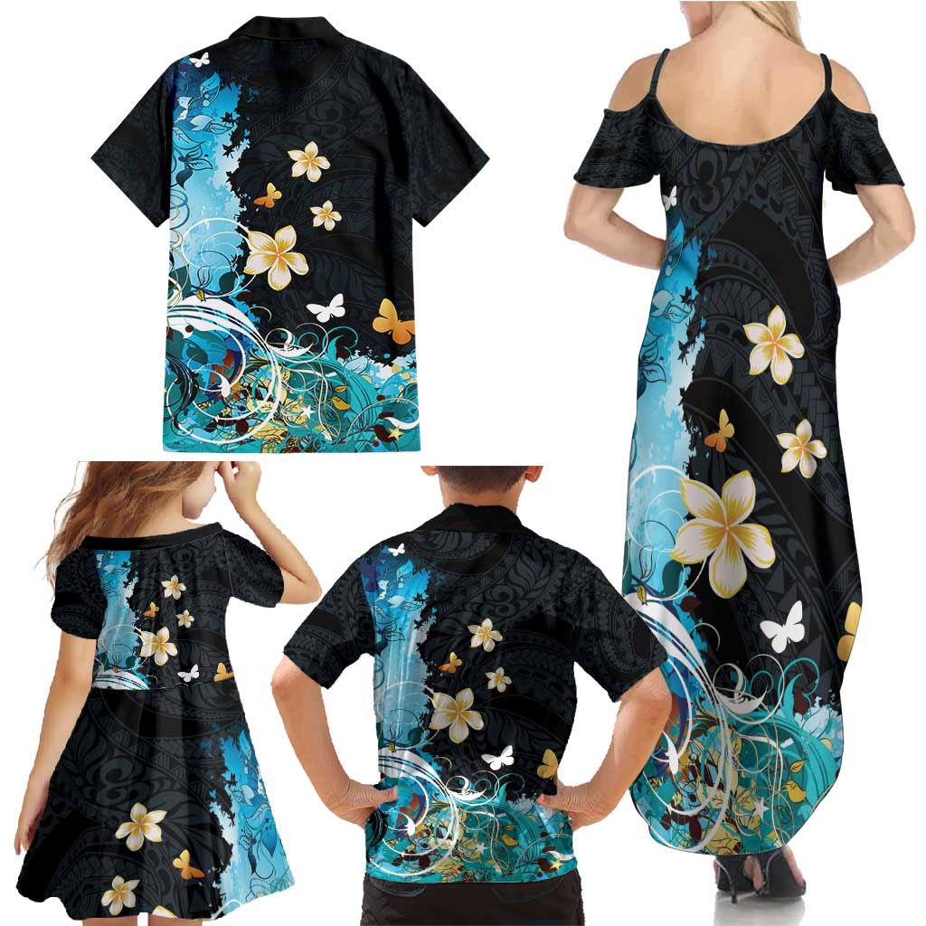 Blue Grunge Polynesian Pattern Family Matching Summer Maxi Dress and Hawaiian Shirt Plumeria Floral