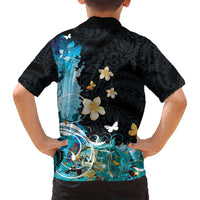 Blue Grunge Polynesian Pattern Family Matching Tank Maxi Dress and Hawaiian Shirt Plumeria Floral