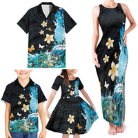 Blue Grunge Polynesian Pattern Family Matching Tank Maxi Dress and Hawaiian Shirt Plumeria Floral