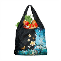 Blue Grunge Polynesian Pattern Grocery Bag Plumeria Floral