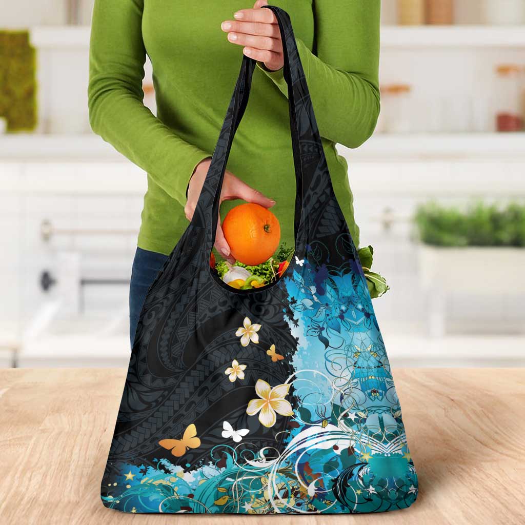 Blue Grunge Polynesian Pattern Grocery Bag Plumeria Floral