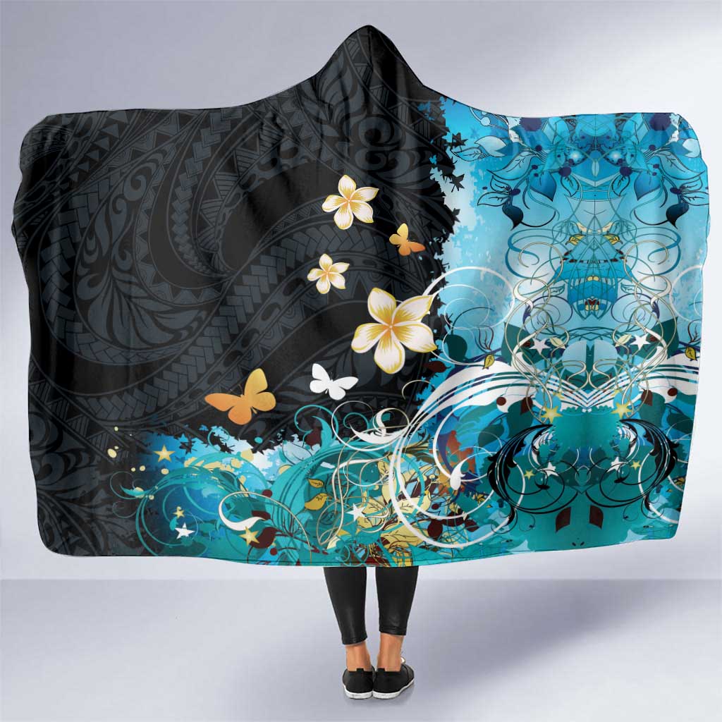 Blue Grunge Polynesian Pattern Hooded Blanket Plumeria Floral LT01 One Size Blue - Polynesian Pride