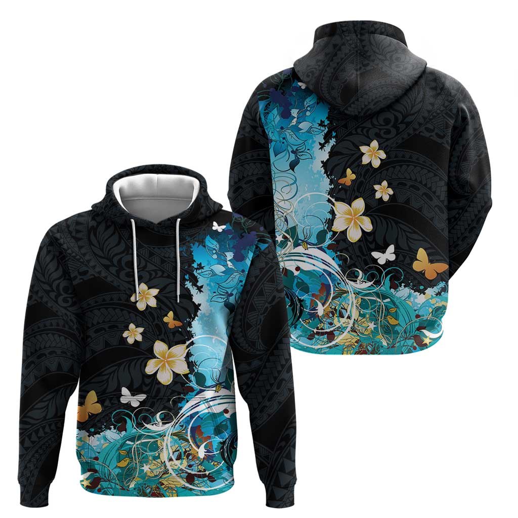 Blue Grunge Polynesian Pattern Hoodie Plumeria Floral