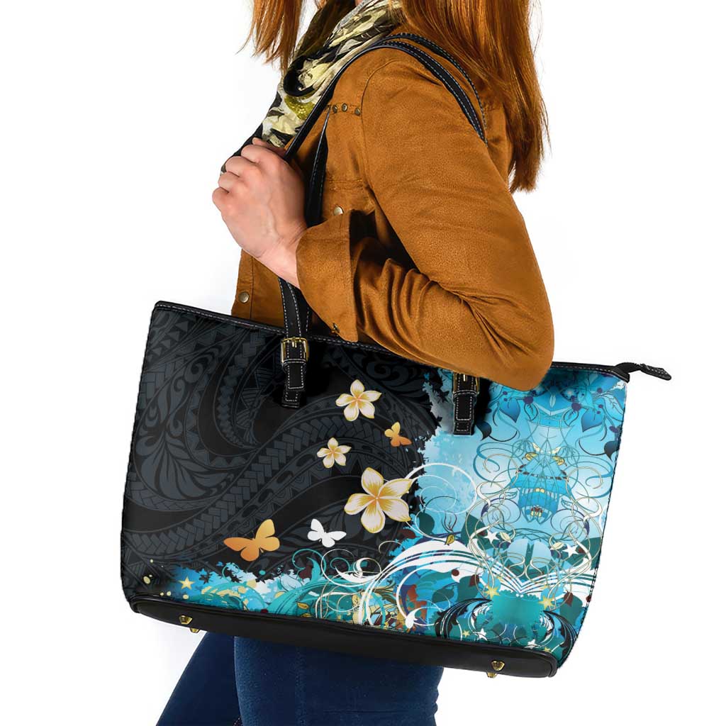 Blue Grunge Polynesian Pattern Leather Tote Bag Plumeria Floral