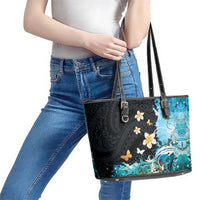 Blue Grunge Polynesian Pattern Leather Tote Bag Plumeria Floral