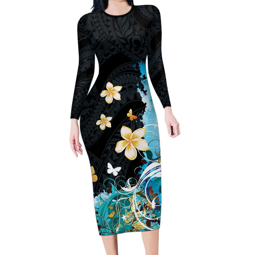 Blue Grunge Polynesian Pattern Long Sleeve Bodycon Dress Plumeria Floral