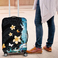 Blue Grunge Polynesian Pattern Luggage Cover Plumeria Floral