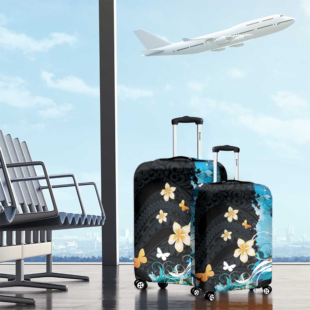 Blue Grunge Polynesian Pattern Luggage Cover Plumeria Floral