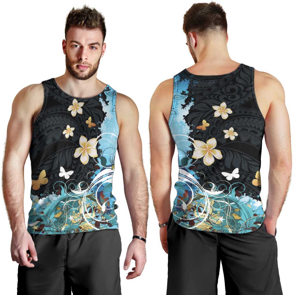 Blue Grunge Polynesian Pattern Men Tank Top Plumeria Floral