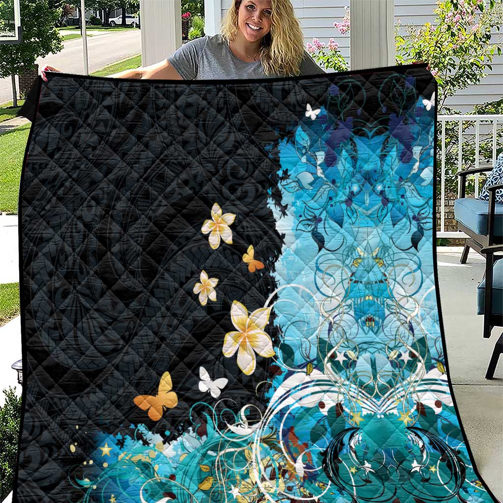 Blue Grunge Polynesian Pattern Quilt Plumeria Floral