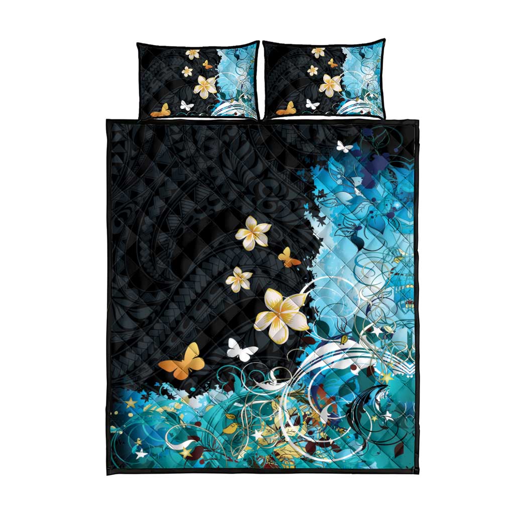 Blue Grunge Polynesian Pattern Quilt Bed Set Plumeria Floral