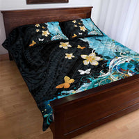 Blue Grunge Polynesian Pattern Quilt Bed Set Plumeria Floral