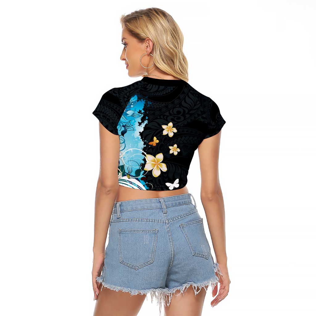 Blue Grunge Polynesian Pattern Raglan Cropped T Shirt Plumeria Floral LT01 - Polynesian Pride