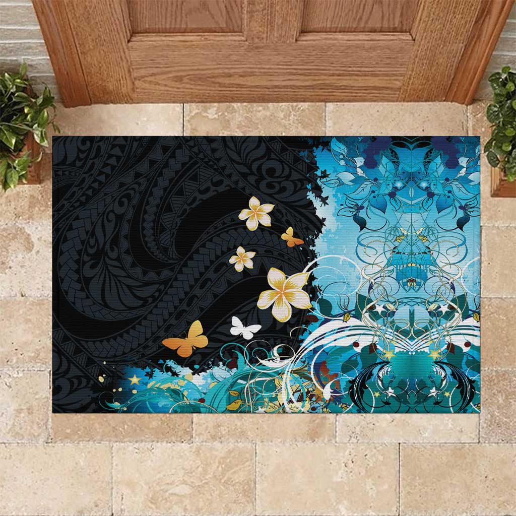 Blue Grunge Polynesian Pattern Rubber Doormat Plumeria Floral LT01 Blue - Polynesian Pride