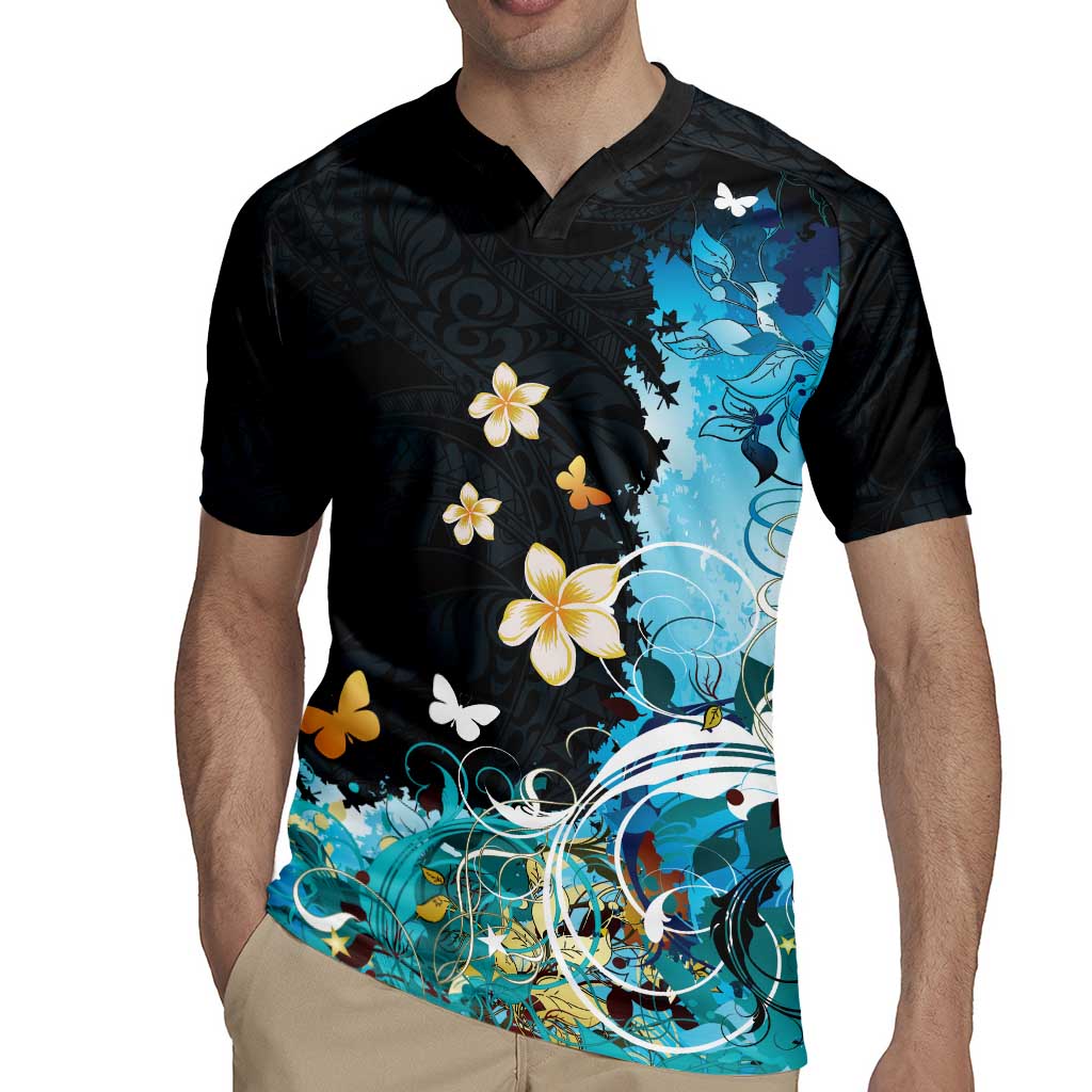 Blue Grunge Polynesian Pattern Rugby Jersey Plumeria Floral