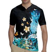 Blue Grunge Polynesian Pattern Rugby Jersey Plumeria Floral