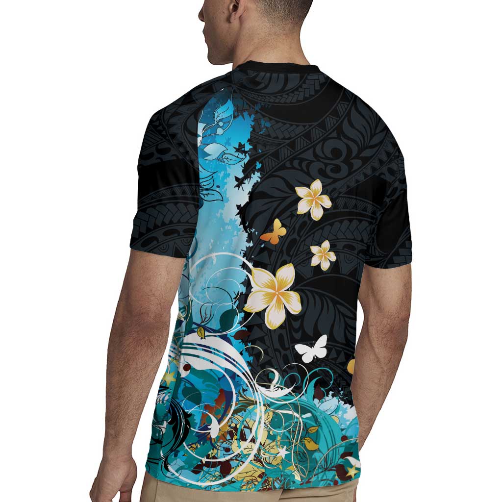 Blue Grunge Polynesian Pattern Rugby Jersey Plumeria Floral