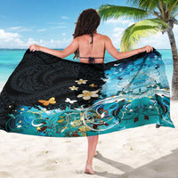 Blue Grunge Polynesian Pattern Sarong Plumeria Floral