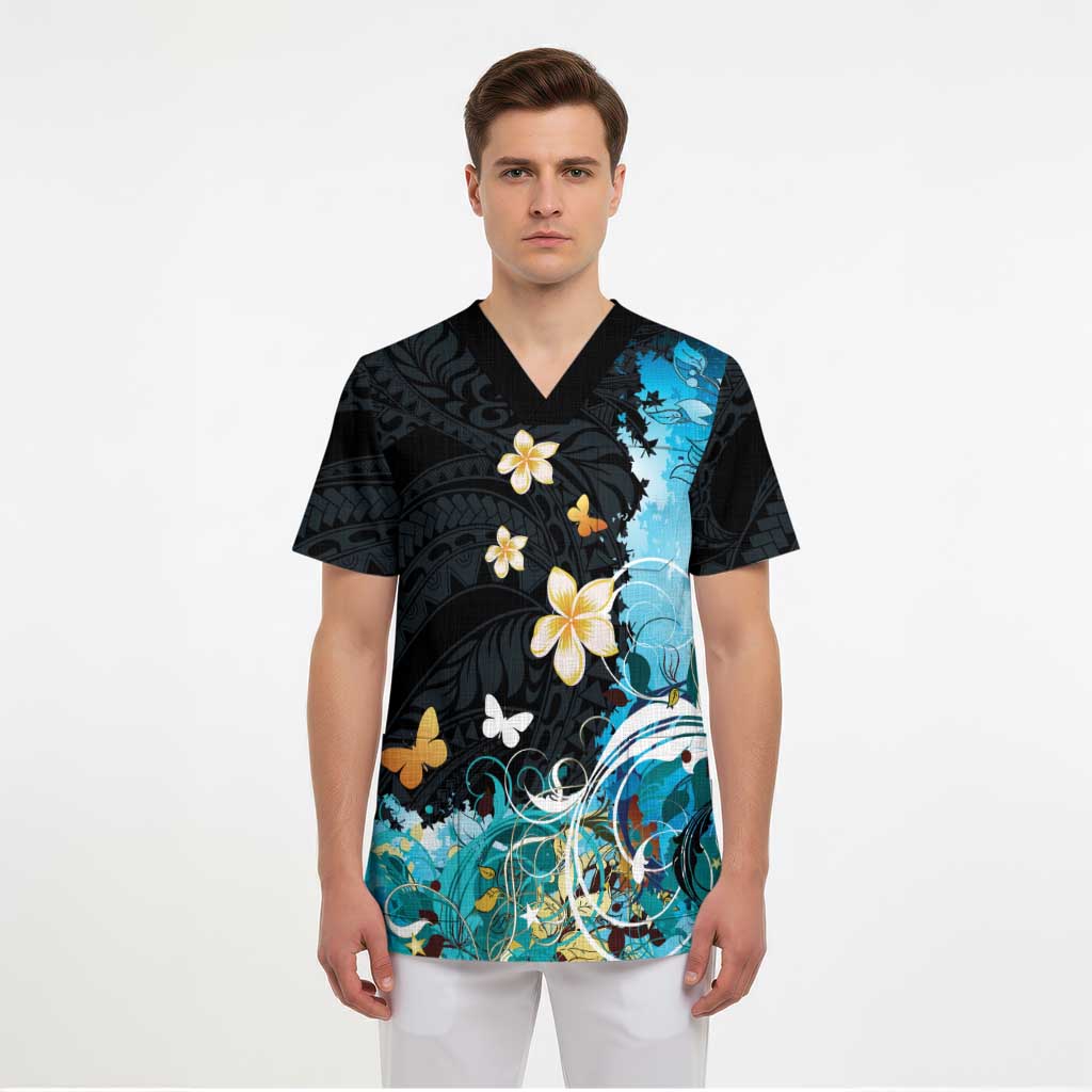 Blue Grunge Polynesian Pattern Scrub Top Plumeria Floral - Polynesian Pride