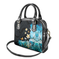 Blue Grunge Polynesian Pattern Shoulder Handbag Plumeria Floral