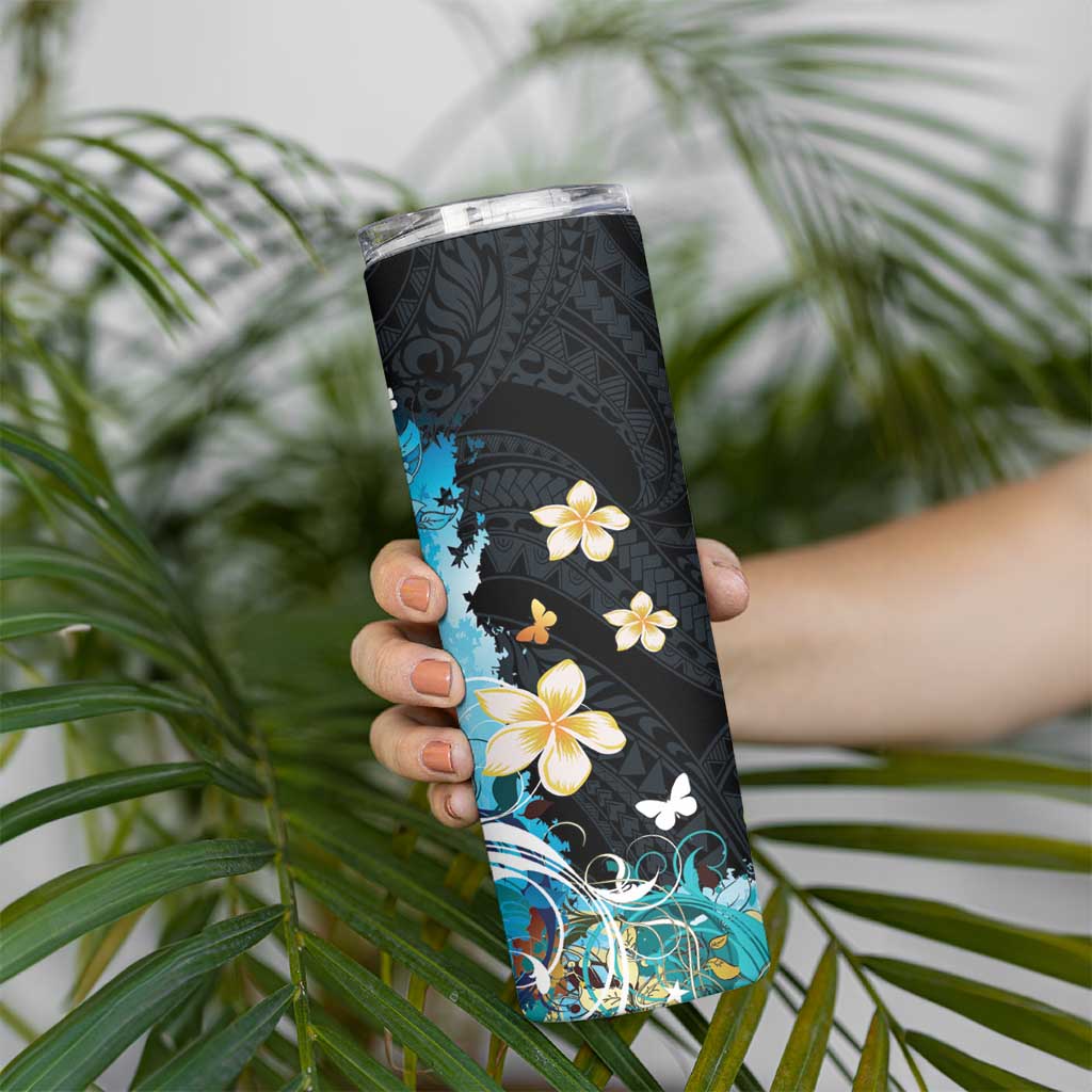 Blue Grunge Polynesian Pattern Skinny Tumbler Plumeria Floral