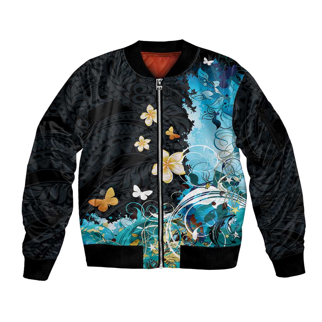 Blue Grunge Polynesian Pattern Sleeve Zip Bomber Jacket Plumeria Floral