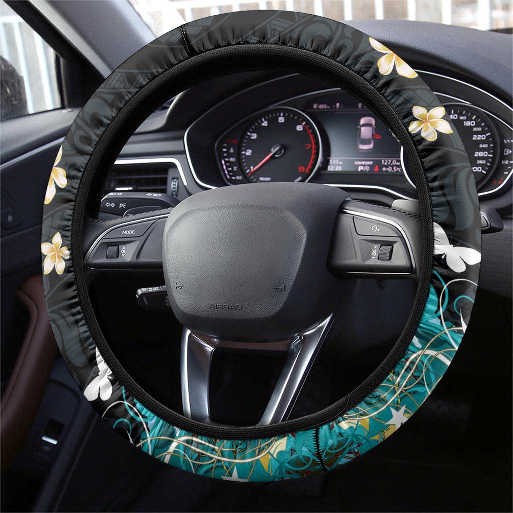 Blue Grunge Polynesian Pattern Steering Wheel Cover Plumeria Floral