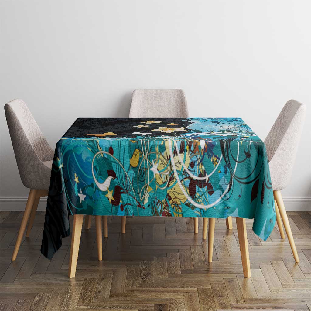 Blue Grunge Polynesian Pattern Tablecloth Plumeria Floral