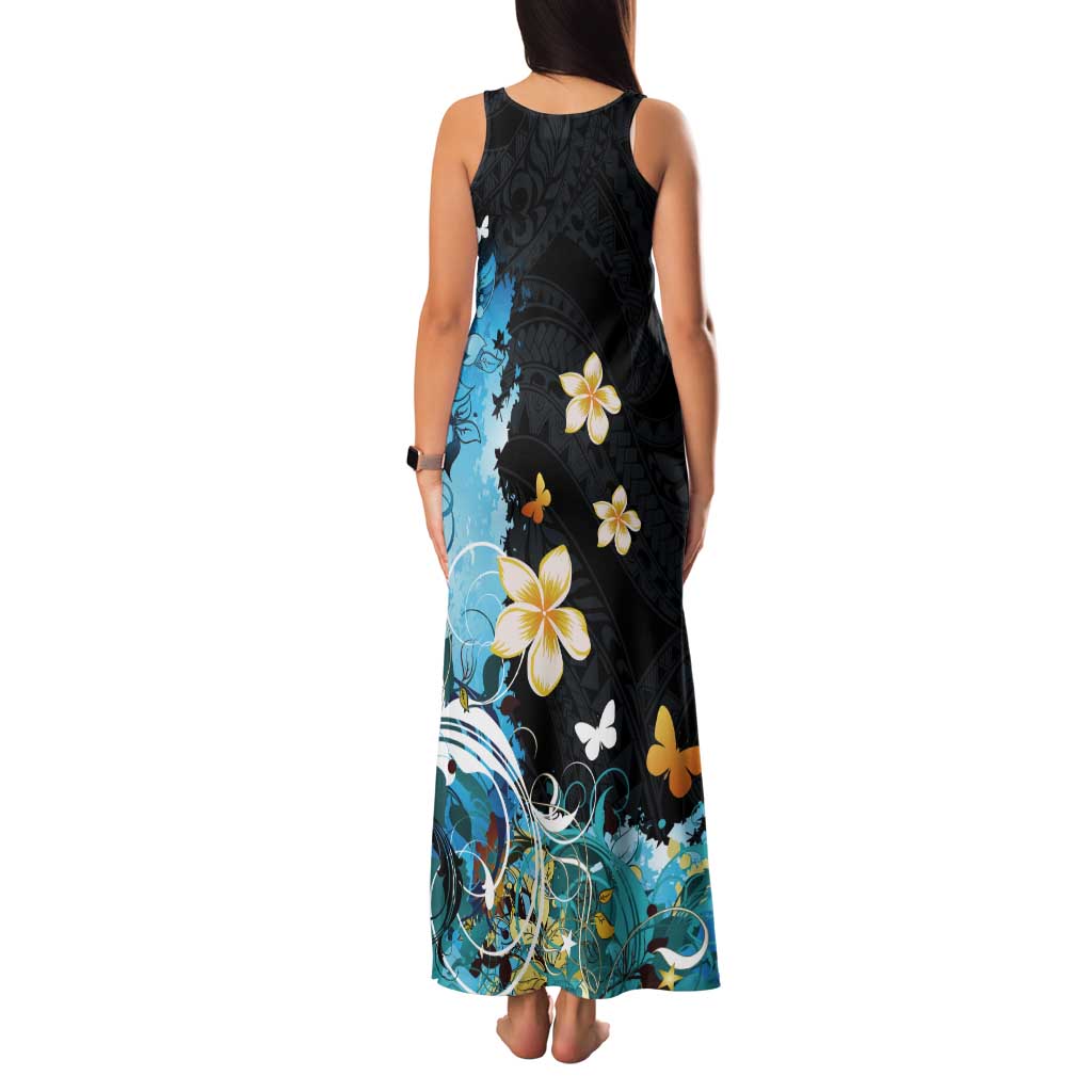 Blue Grunge Polynesian Pattern Tank Maxi Dress Plumeria Floral