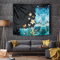 Blue Grunge Polynesian Pattern Tapestry Plumeria Floral