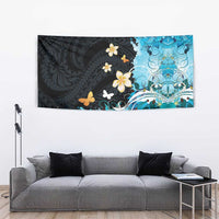 Blue Grunge Polynesian Pattern Tapestry Plumeria Floral