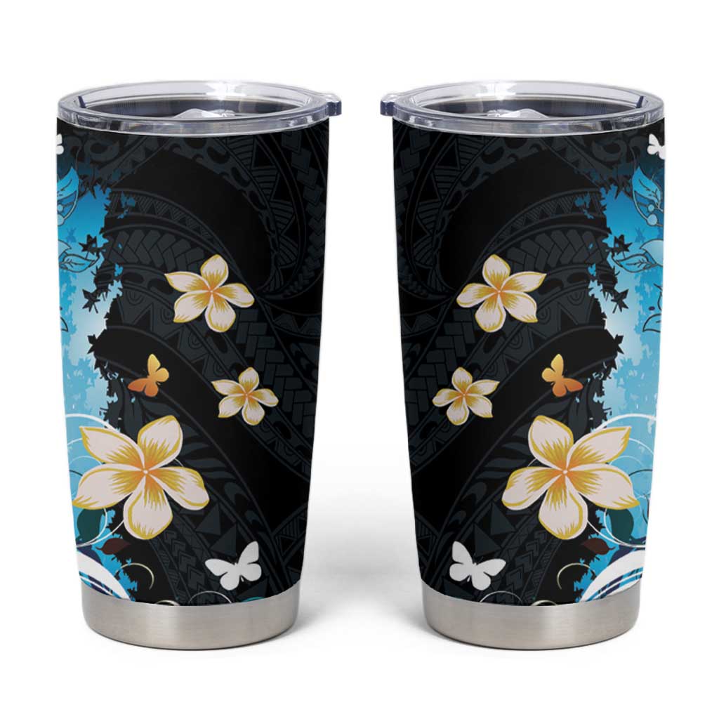 Blue Grunge Polynesian Pattern Tumbler Cup Plumeria Floral