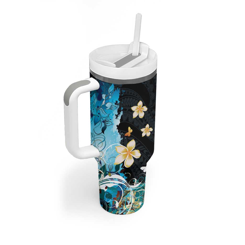 Blue Grunge Polynesian Pattern Tumbler With Handle Plumeria Floral