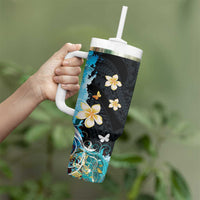 Blue Grunge Polynesian Pattern Tumbler With Handle Plumeria Floral