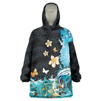 Blue Grunge Polynesian Pattern Wearable Blanket Hoodie Plumeria Floral