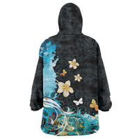 Blue Grunge Polynesian Pattern Wearable Blanket Hoodie Plumeria Floral