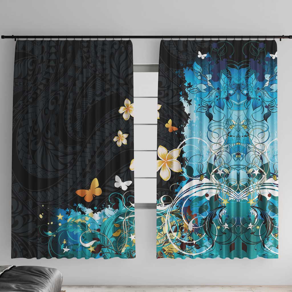 Blue Grunge Polynesian Pattern Window Curtain Plumeria Floral