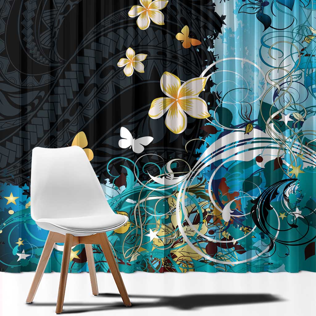 Blue Grunge Polynesian Pattern Window Curtain Plumeria Floral