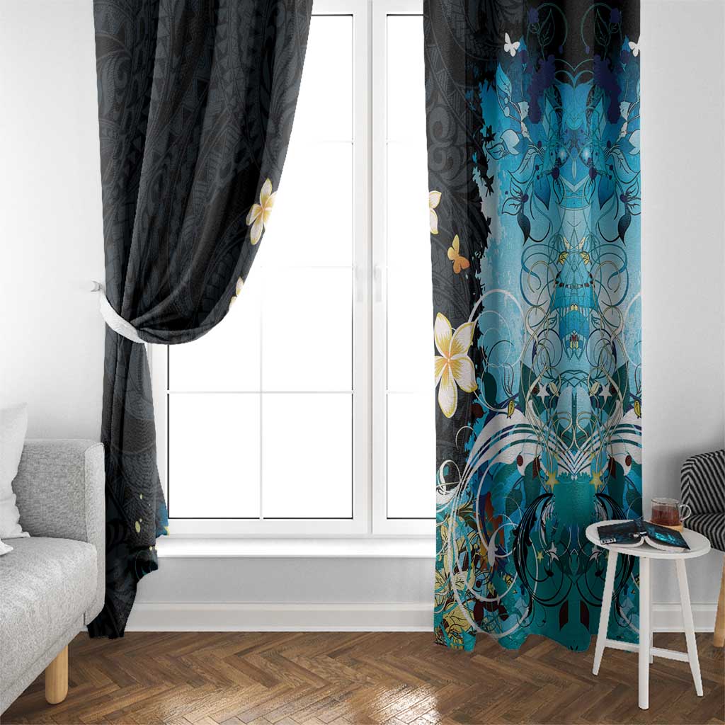 Blue Grunge Polynesian Pattern Window Curtain Plumeria Floral