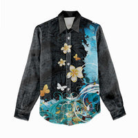 Blue Grunge Polynesian Pattern Women Casual Shirt Plumeria Floral