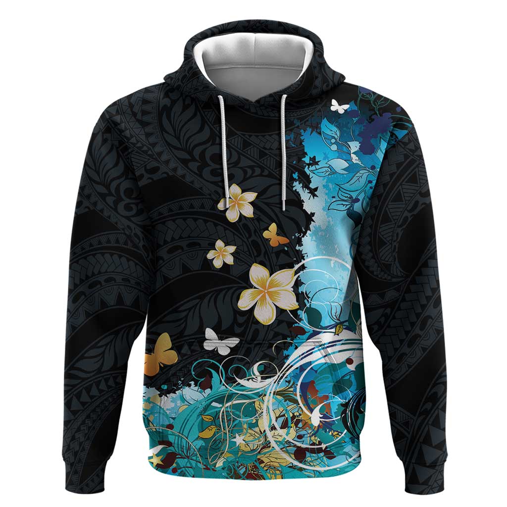 Blue Grunge Polynesian Pattern Zip Hoodie Plumeria Floral
