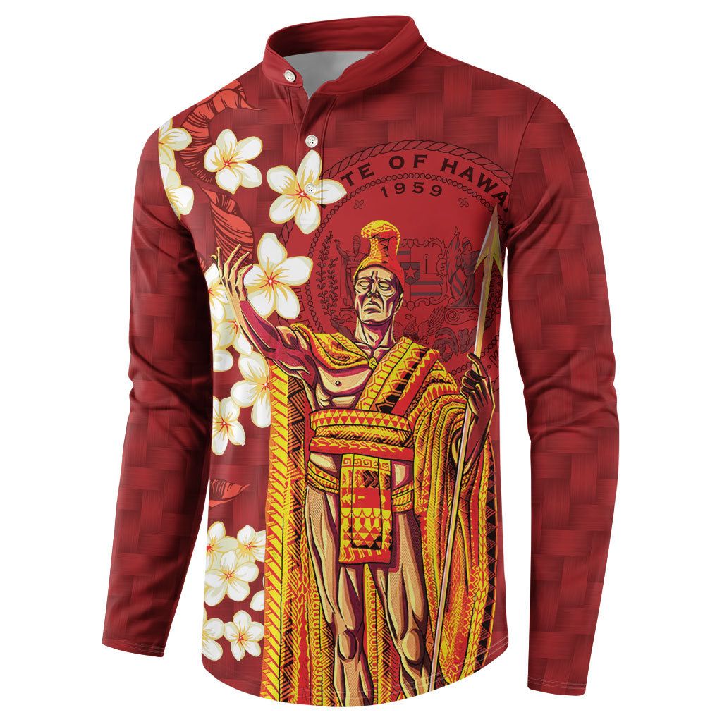 Hawaii King Kamehameha Button Sweatshirt Plumeria Lauhala Pattern